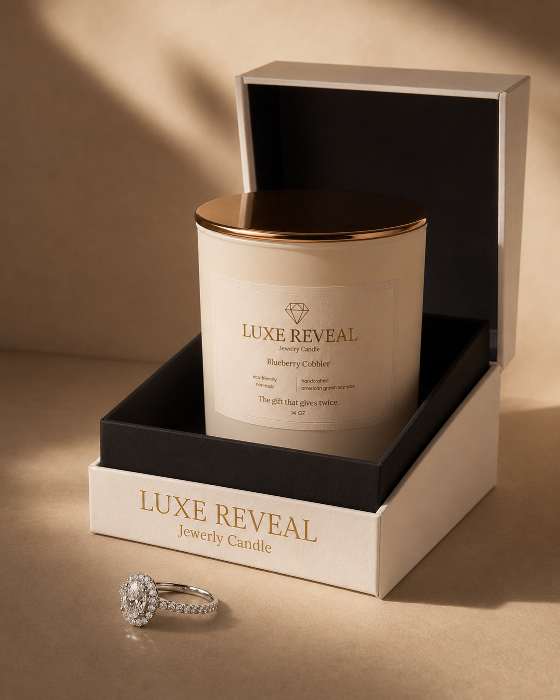 Open Luxe Reveal gift box revealing the candle and jewelry