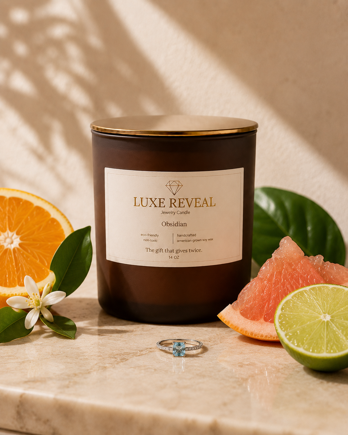 Obsidian Luxe Reveal candle styled with orange, lime, grapefruit and fresh green leaves