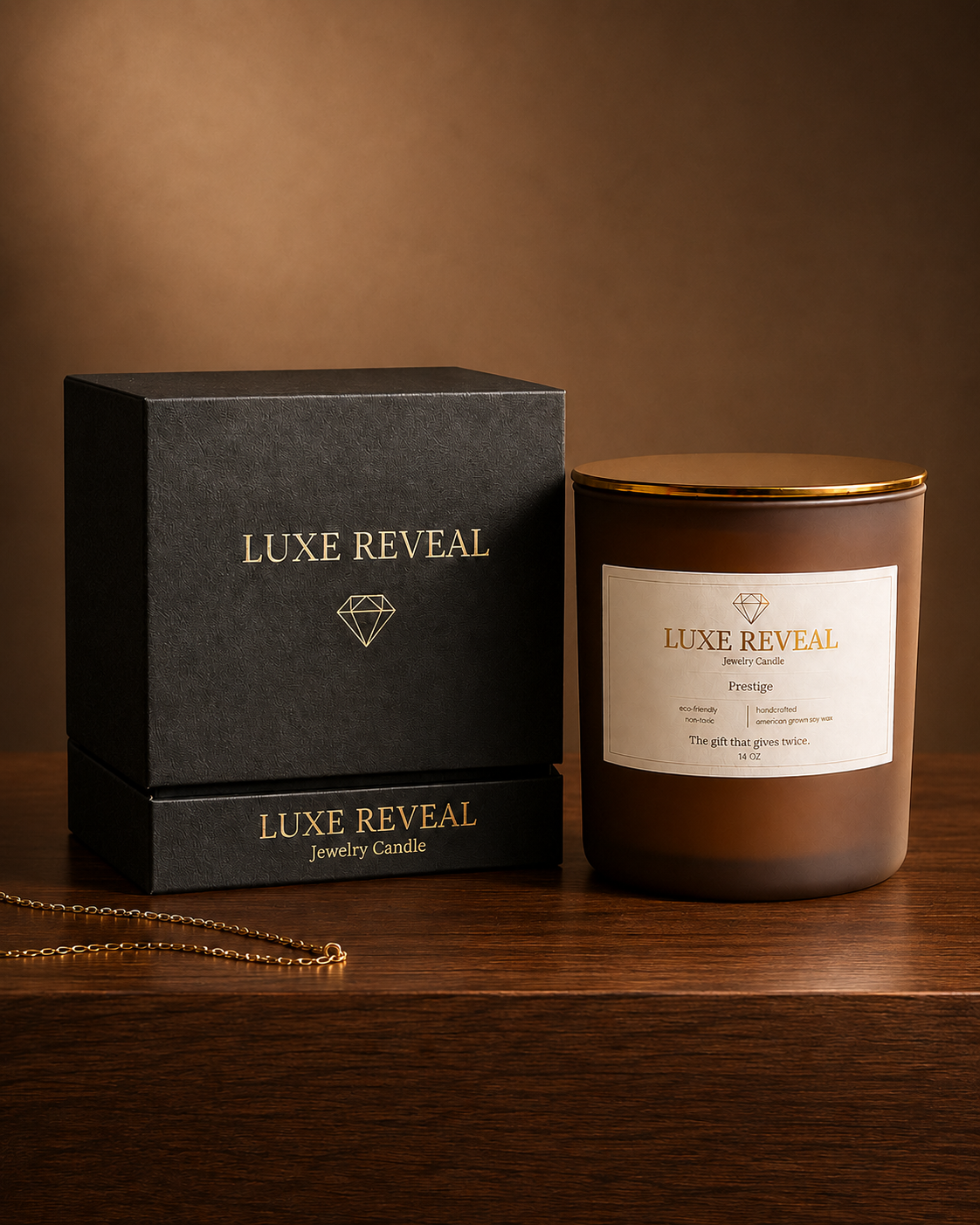 Prestige candle beside the closed black Luxe Reveal gift box on dark wood