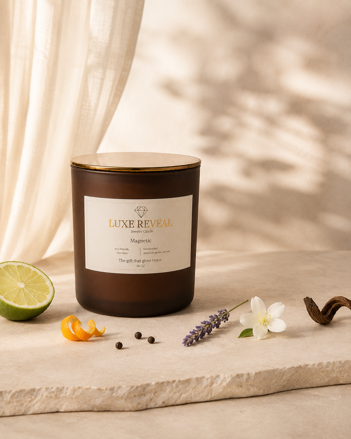 Brown Magnetic Luxe Reveal candle styled with lime, orange peel, lavender, white flower and peppercorns