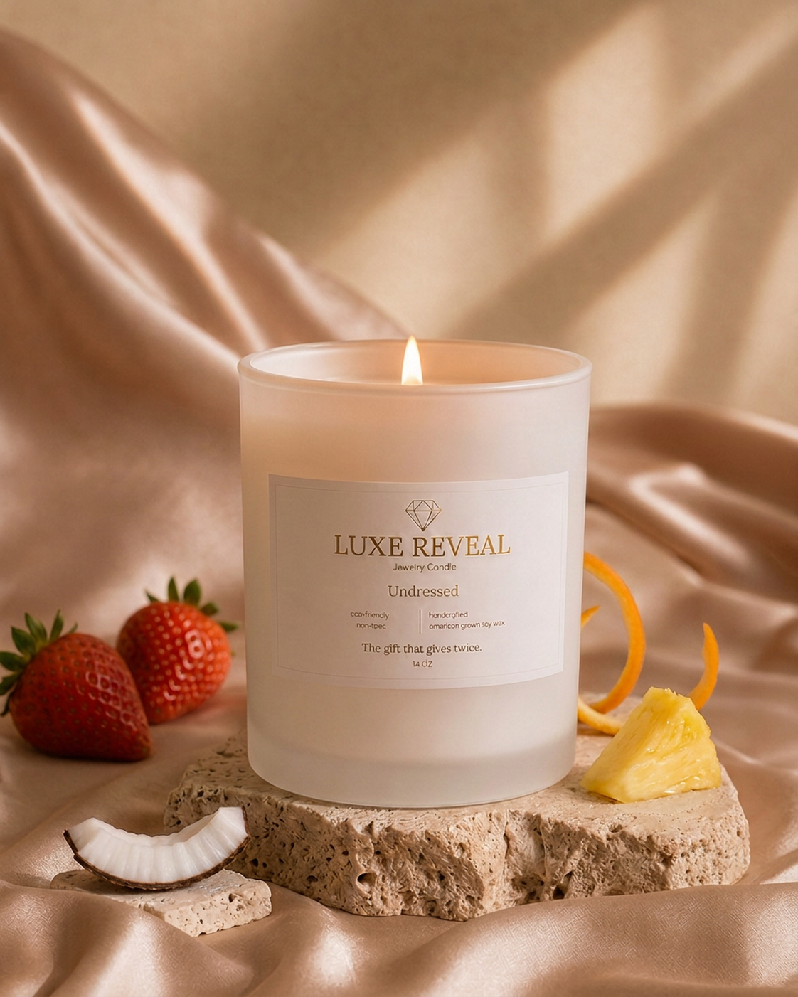 Lit ivory Undressed candle styled with fresh strawberries, pineapple, coconut and a subtle curl of orange peel on warm cream silk
