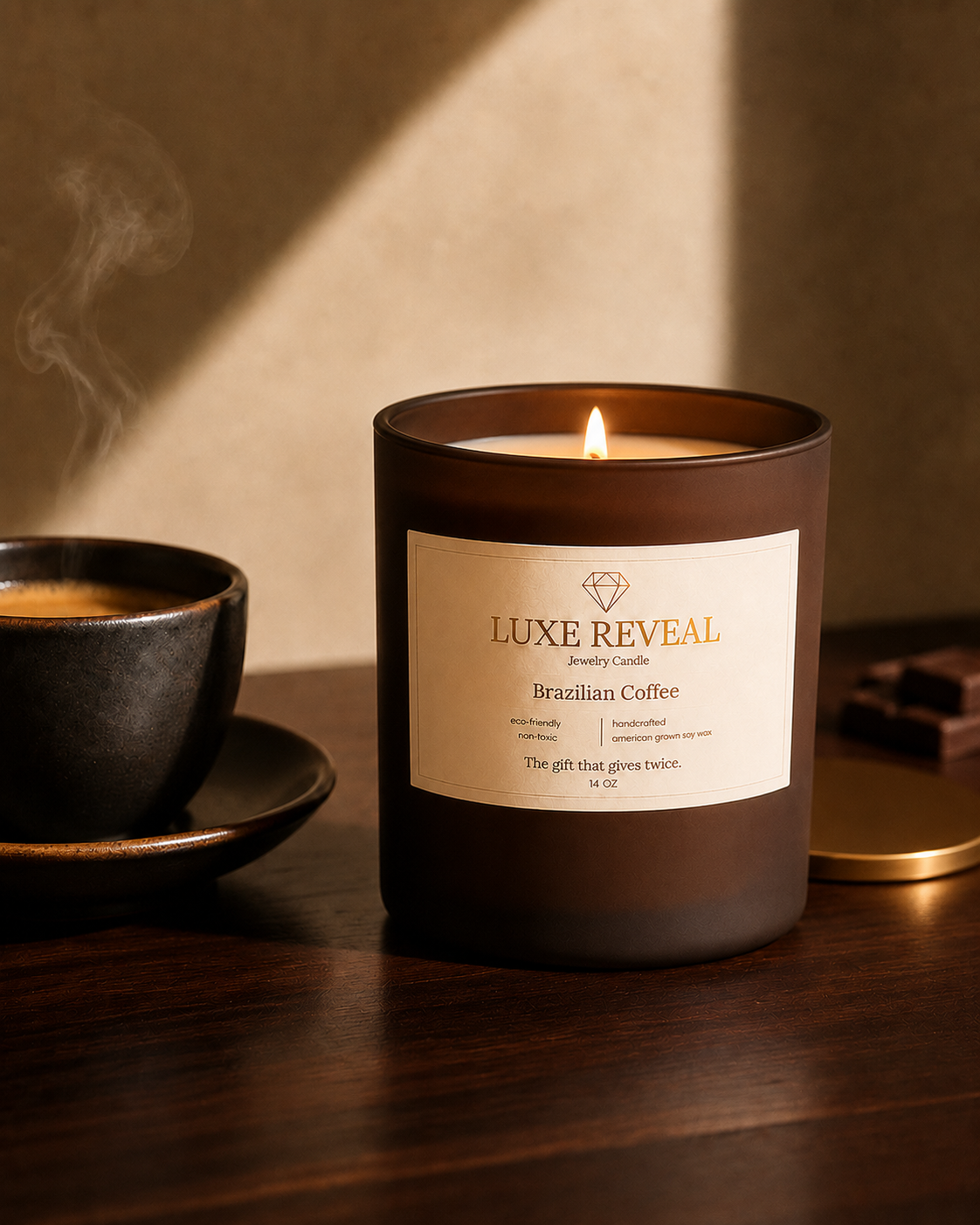Lit Brazilian Coffee Luxe Reveal candle styled with an espresso cup and chocolate