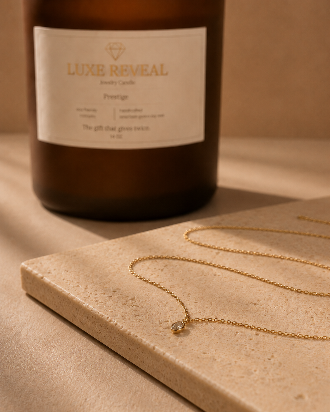 Gold necklace with a clear oval pendant styled on a beige stone slab
