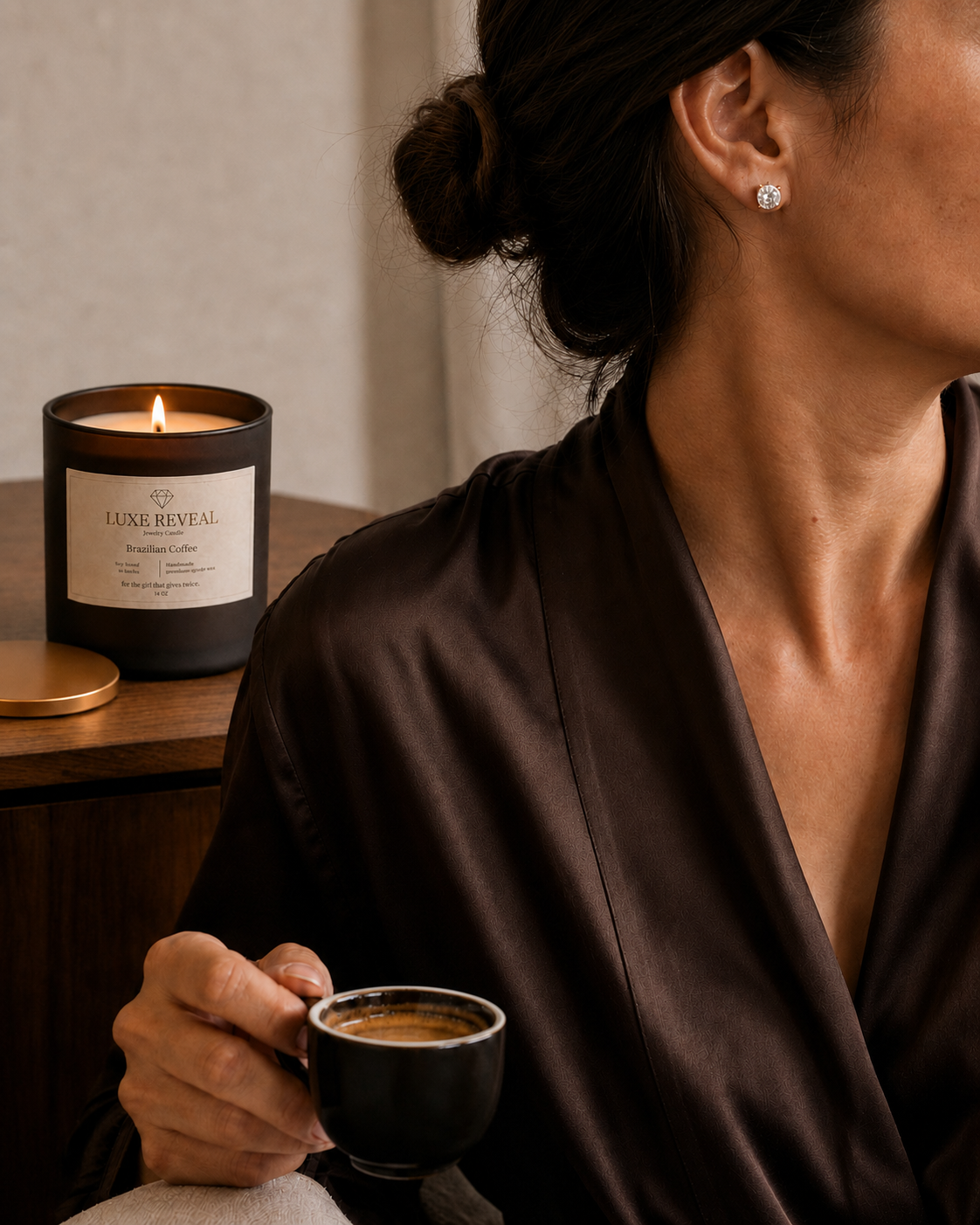 Model wearing the revealed stud earring beside a lit Brazilian Coffee Luxe Reveal candle
