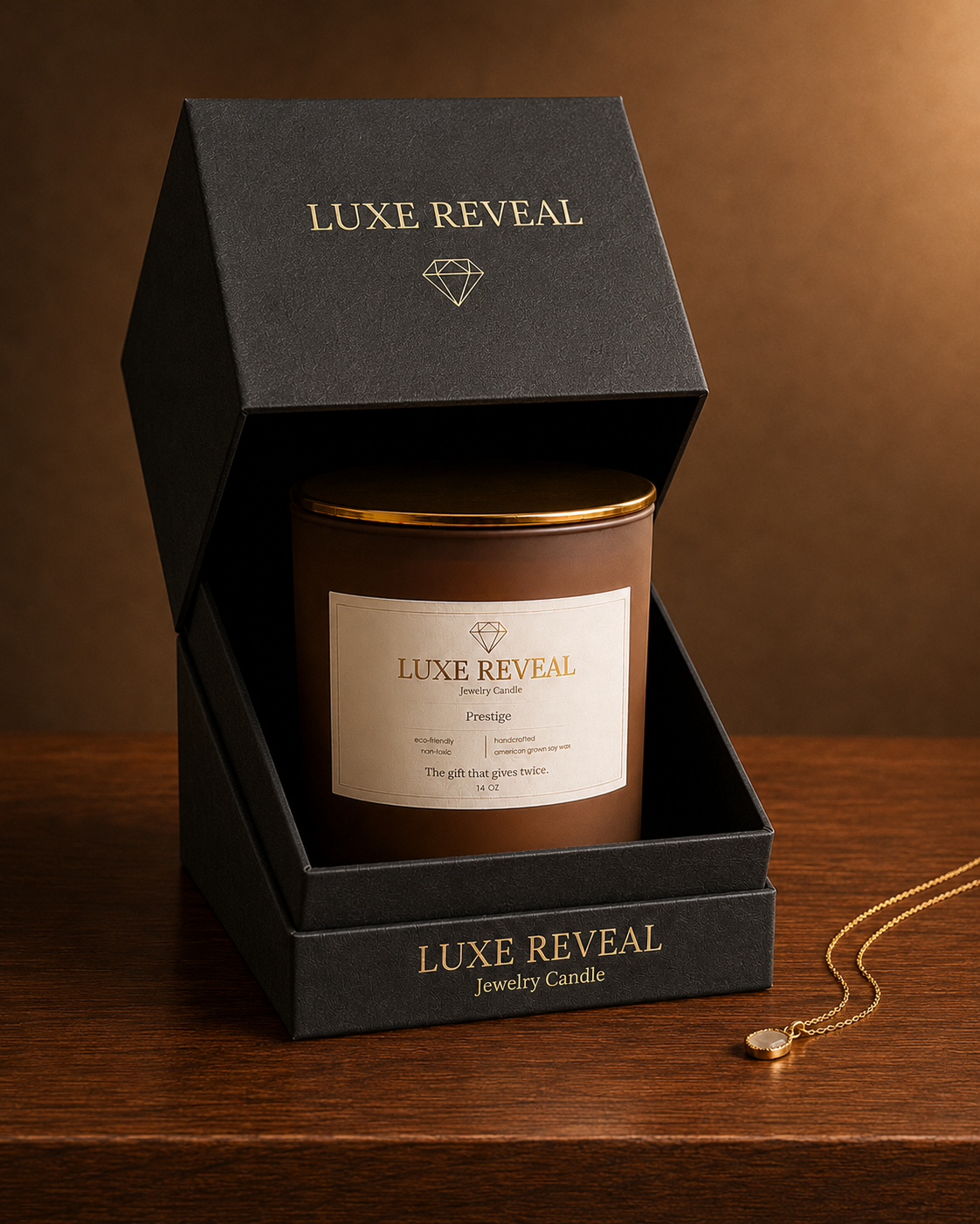 Open black Luxe Reveal gift box with the Prestige candle inside and the gold pendant necklace beside it