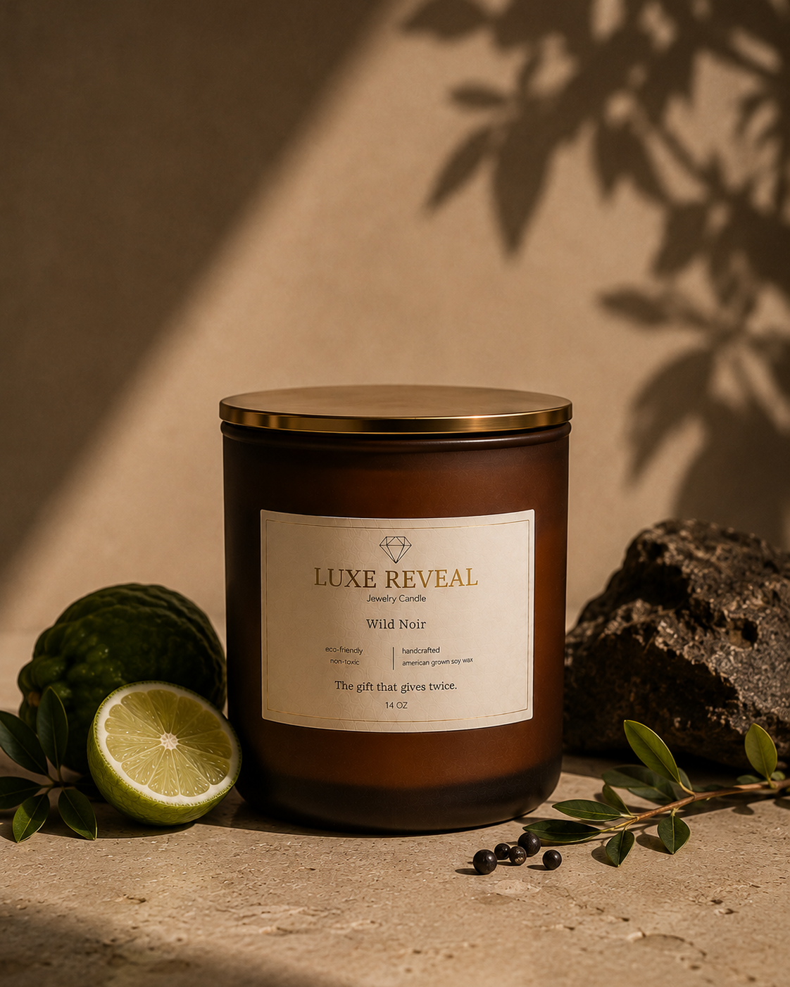 Wild Noir Luxe Reveal candle styled with fresh bergamot, lime, green leaves and dark stone