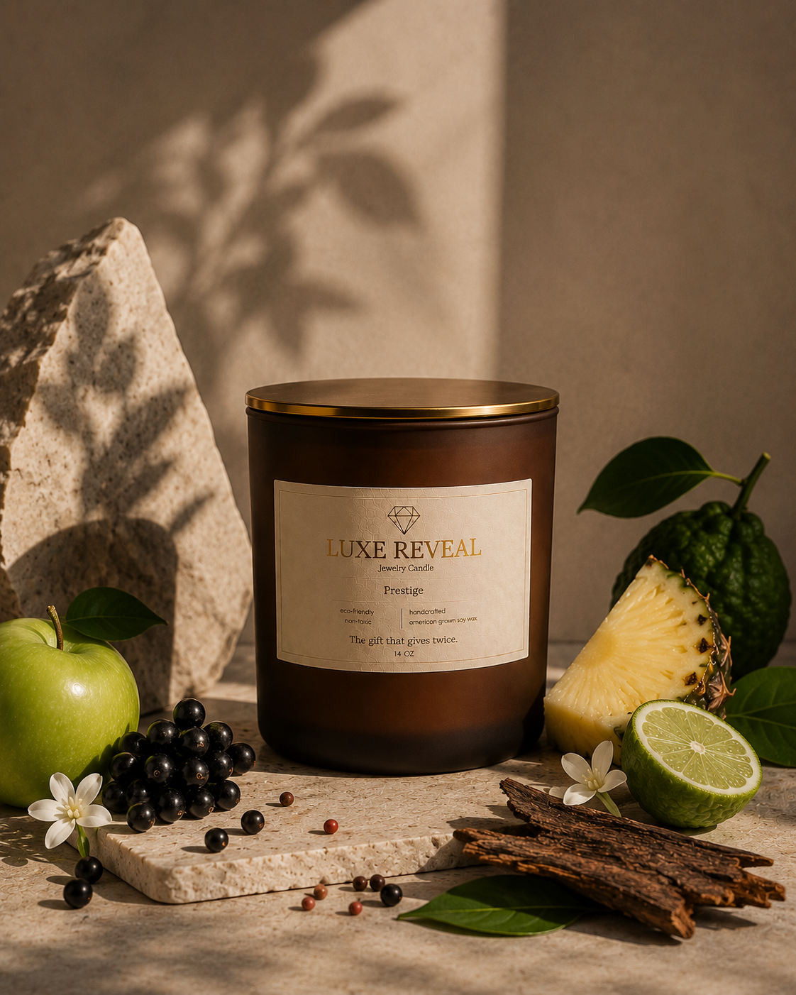 Prestige candle styled with green apple, blackcurrants, pineapple and bergamot on warm stone