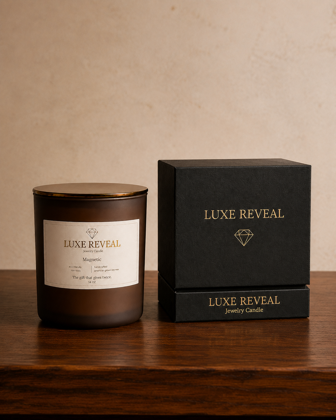 Brown Magnetic Luxe Reveal candle beside the closed black Luxe Reveal gift box