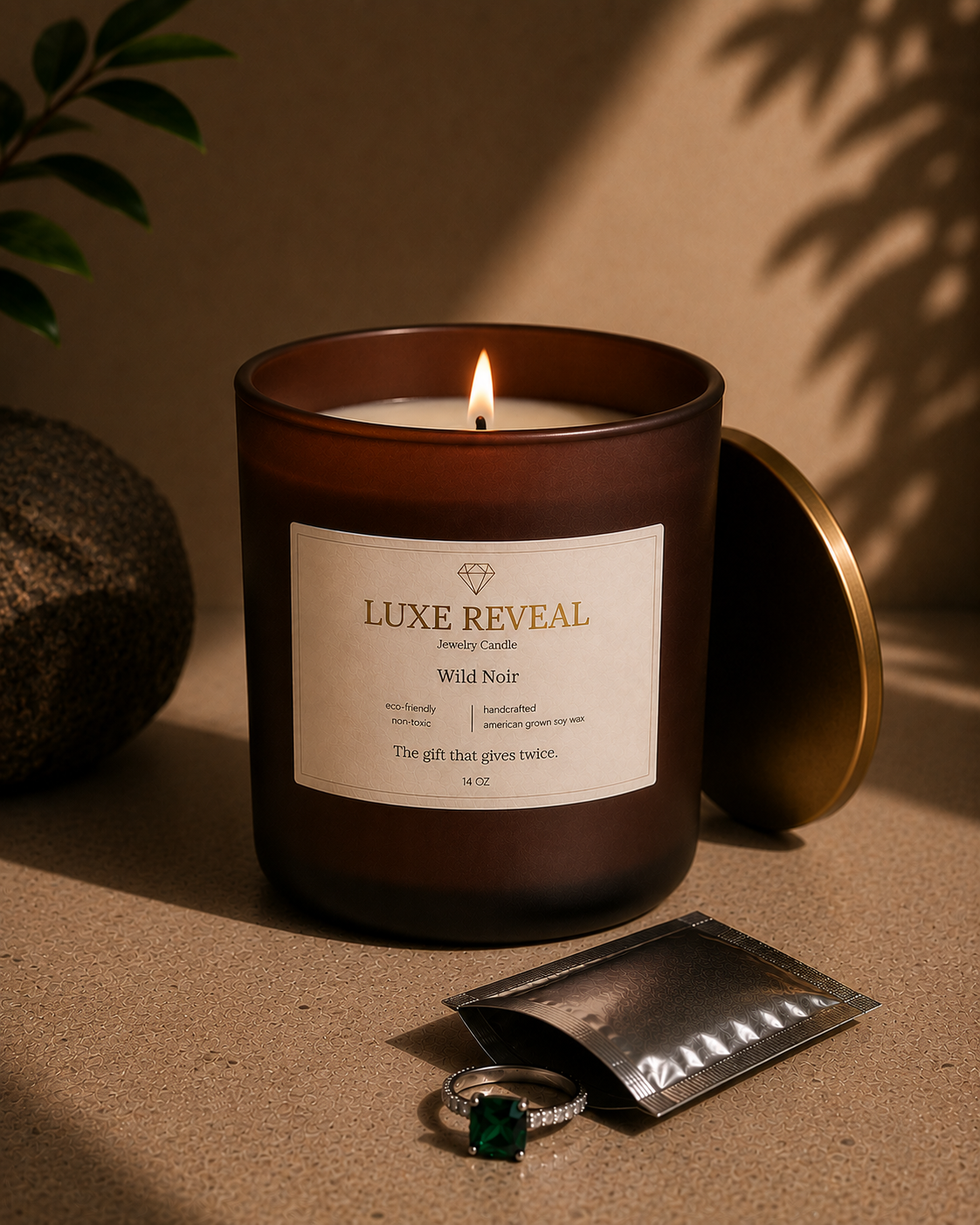 Lit Wild Noir Luxe Reveal candle with the sealed silver protective pouch and the revealed green gemstone ring